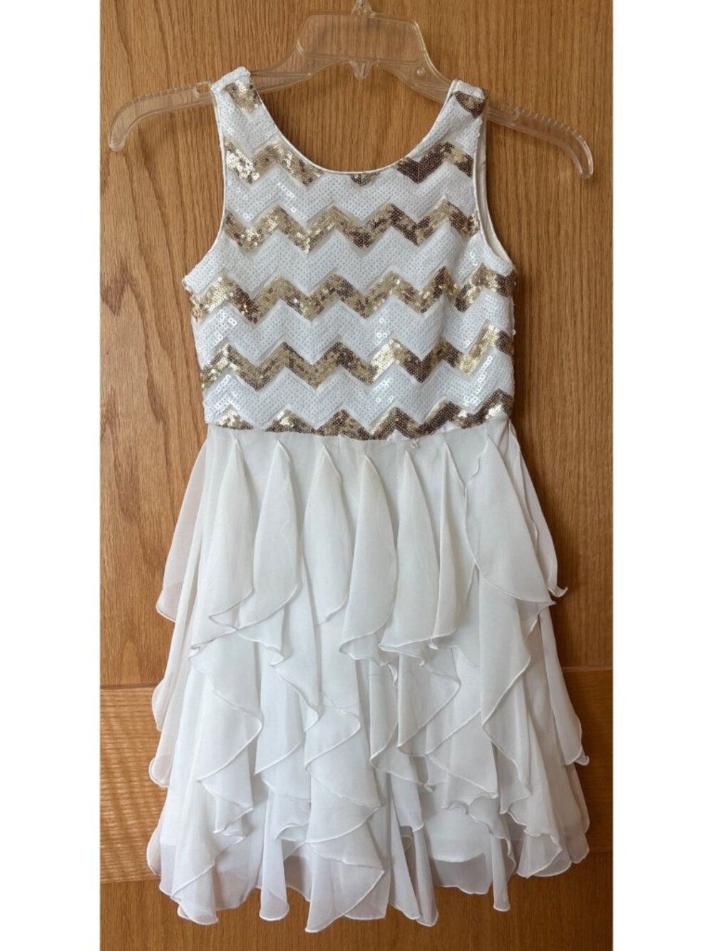 Emily West Girls White & Gold Sequin Chevron Layered Ruffle Dress Size 8 Party O